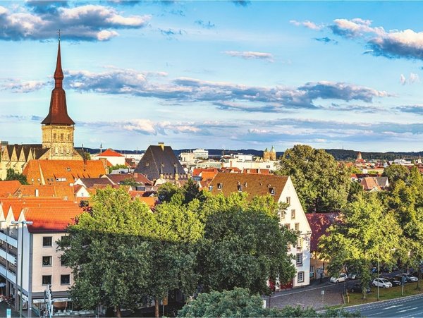 Panoramaaufnahme der Innenstadt von Osnabrück mit historischen Türmen und grüner Umgebung