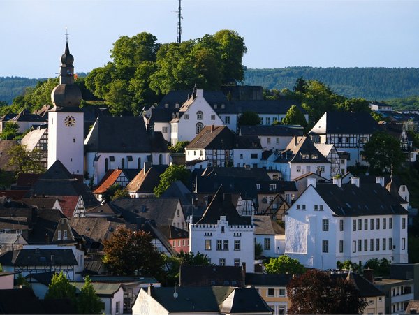 Blick auf die Altstadt von Arnsberg mit Kirche, Fachwerkhäusern und bewaldetem Hügel im Hintergrund.