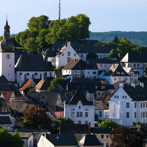 Blick auf die Altstadt von Arnsberg mit Kirche, Fachwerkhäusern und bewaldetem Hügel im Hintergrund.